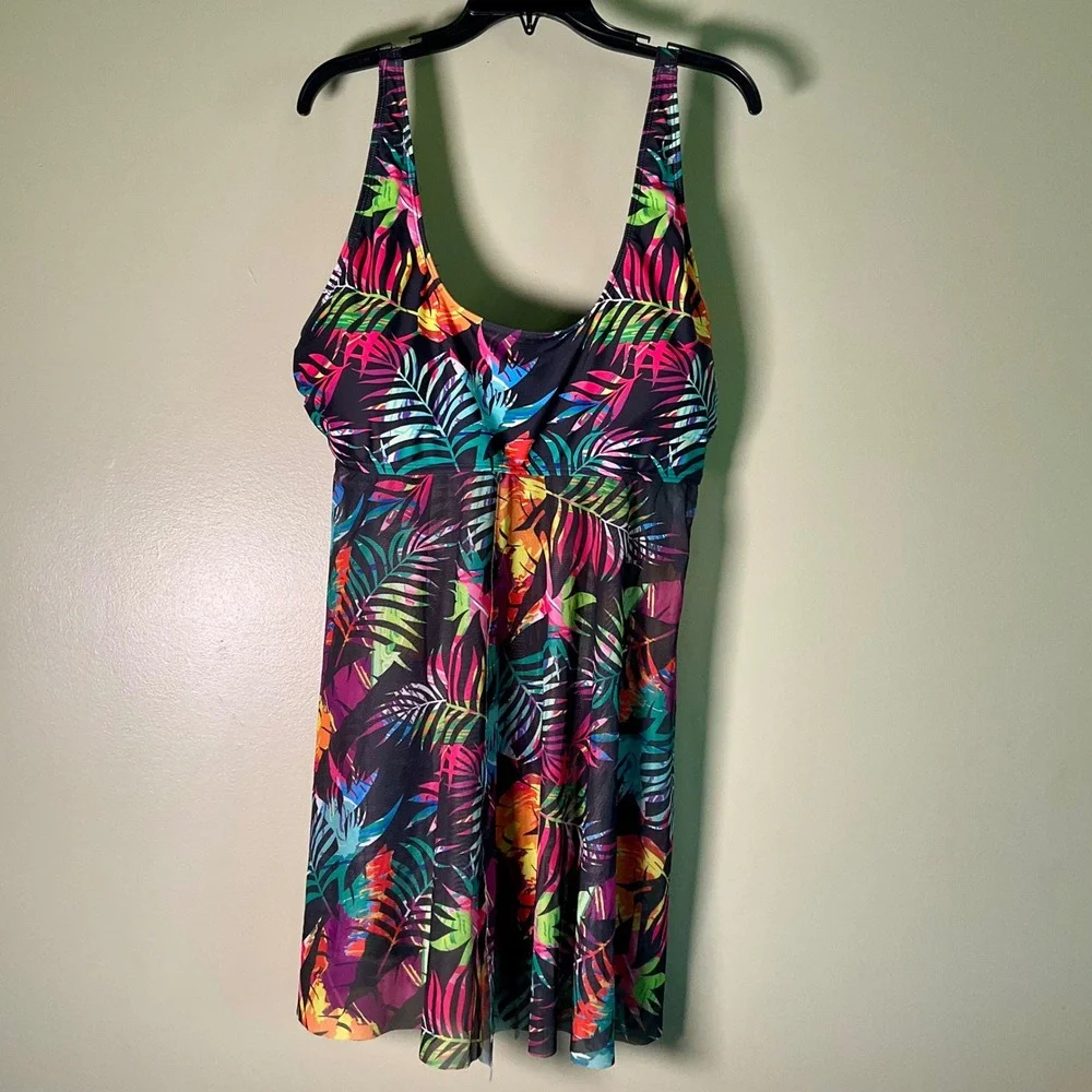 4XL Tropical Palm  Print Swim Dress Tankini Top Mesh Overlay Cover Up Front Slit